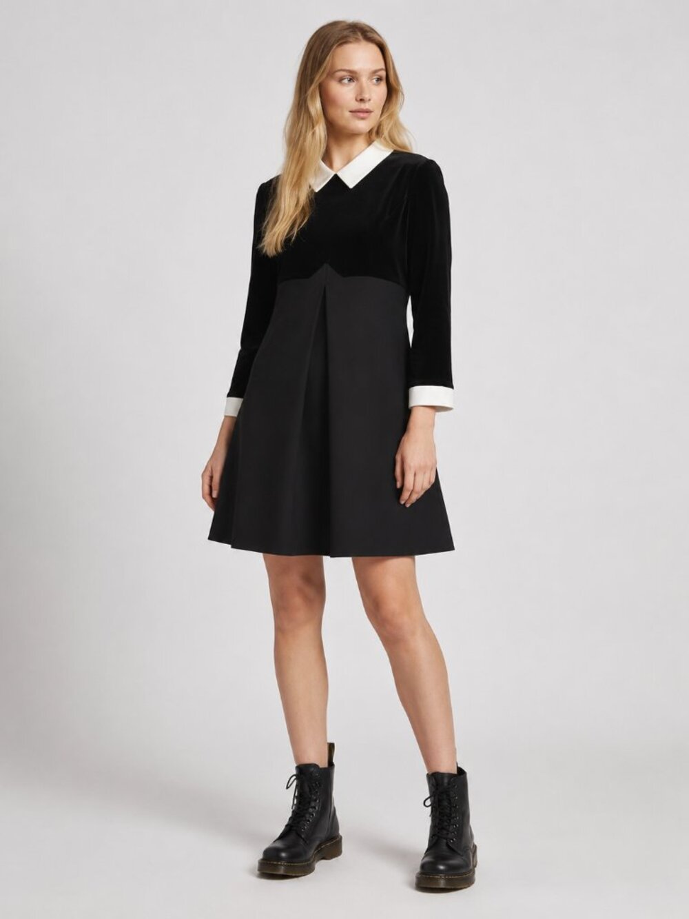 The Kooples Black Velvet White Collar Pleated Dress EU 36 Small Gothic Mini